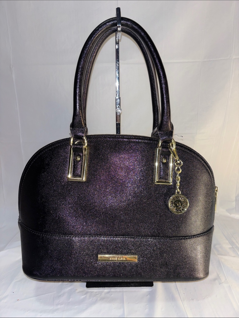 Anne Klein Iridescent Black-Purple Dome Satchel with Gold Hardware